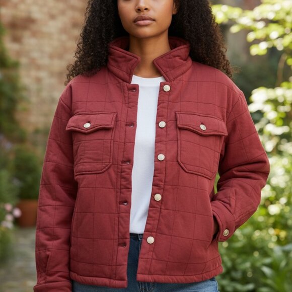Brick Red Quilted Button Down Shacket - Picture 3 of 5